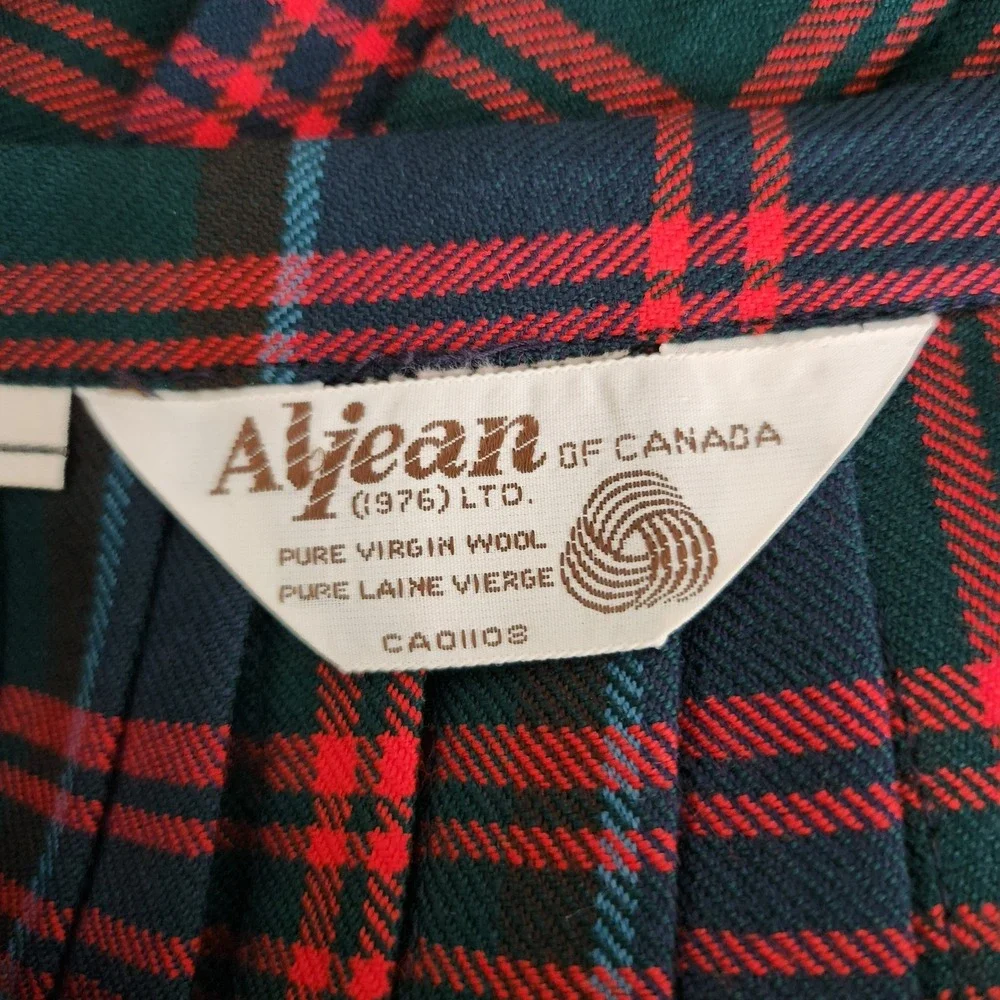 Aljean Skirt Vintage Plaid Pure Virgin Wool Pleated Kilt Midi Green Red 28W